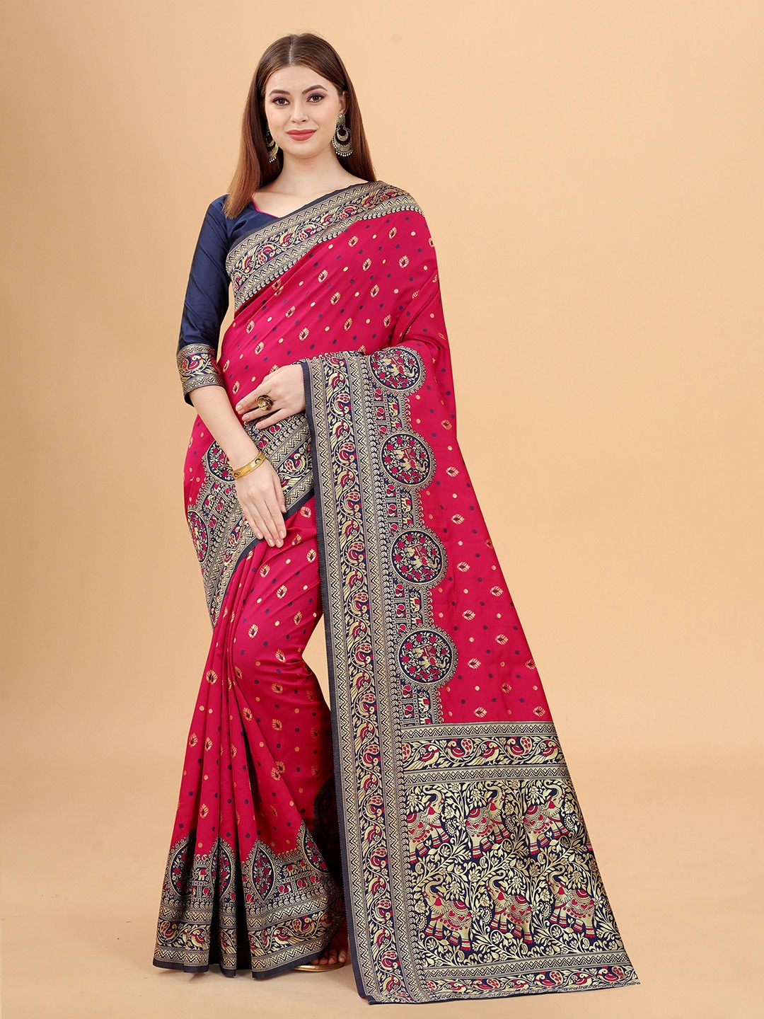 

WELL WORN Pink & Blue Ethnic Motifs Zari Silk Cotton Banarasi Saree