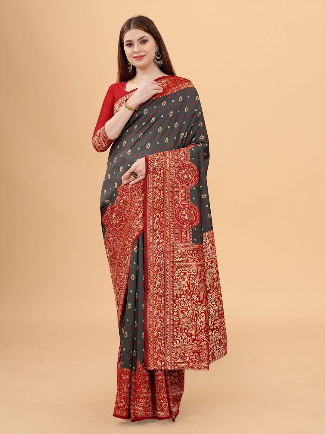 

WELL WORN Grey & Red Ethnic Motifs Zari Silk CottonBanarasi Saree