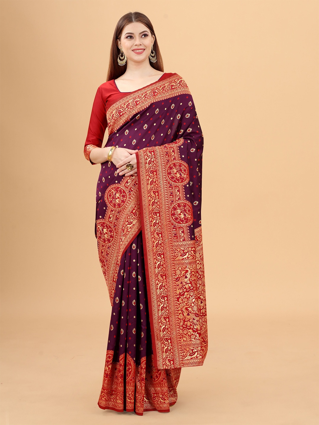 

WELL WORN Purple & Red Ethnic Motifs Silk Cotton Banarasi Saree