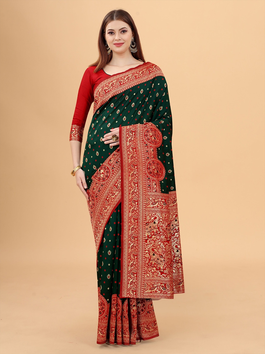 

WELL WORN Green & Red Woven Design Zari Silk Cotton Banarasi Saree