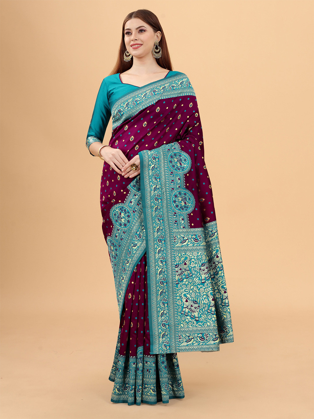 

WELL WORN Burgundy & Blue Woven Design Zari Silk Cotton Banarasi Saree