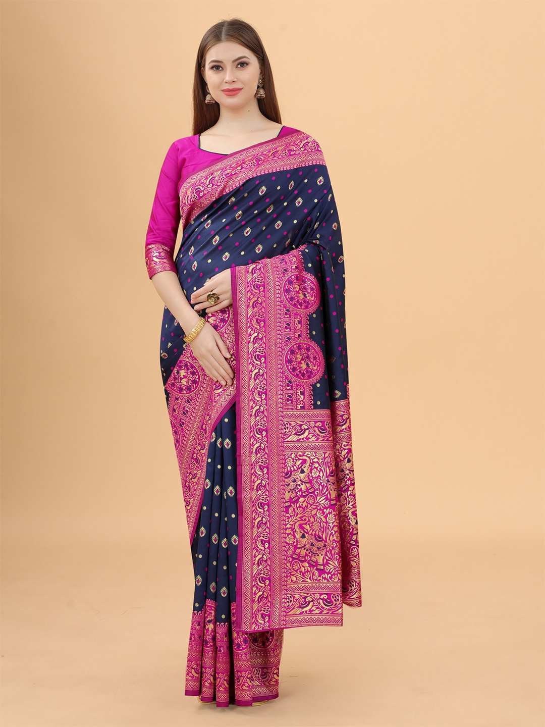 

WELL WORN Navy Blue & Pink Woven Design Zari Silk Cotton Banarasi Saree