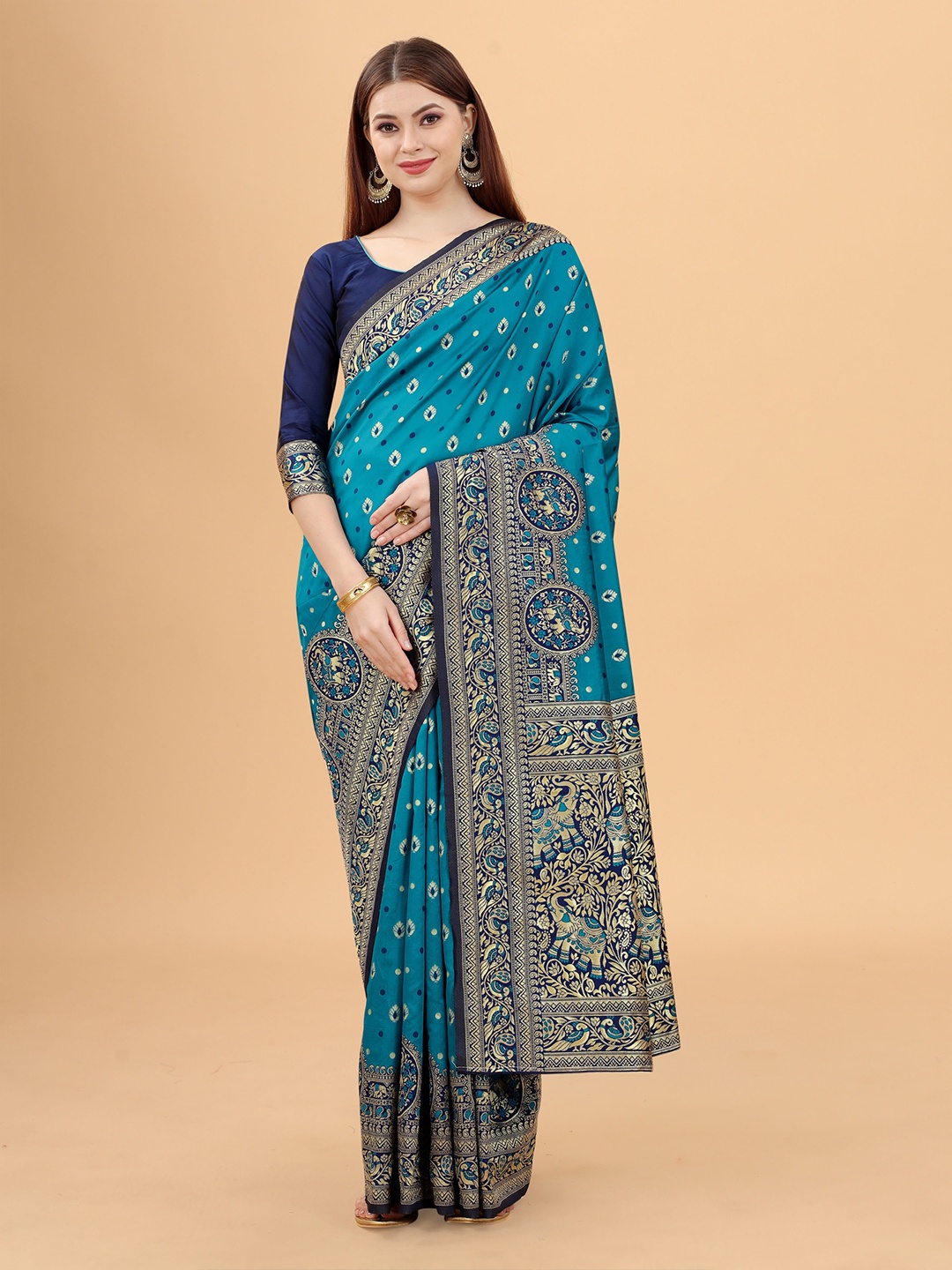 

WELL WORN Blue & Gold-Toned Woven Design Zari Silk Cotton Banarasi Saree