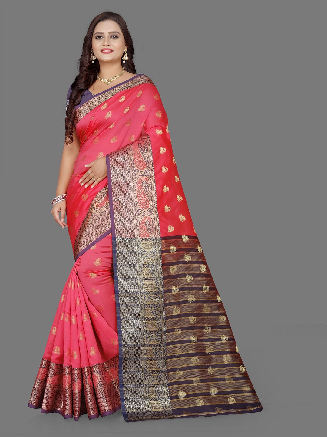 

Indian Fashionista Coral & Gold-Toned Woven Design Zari Art Silk Half and Half Banarasi Saree