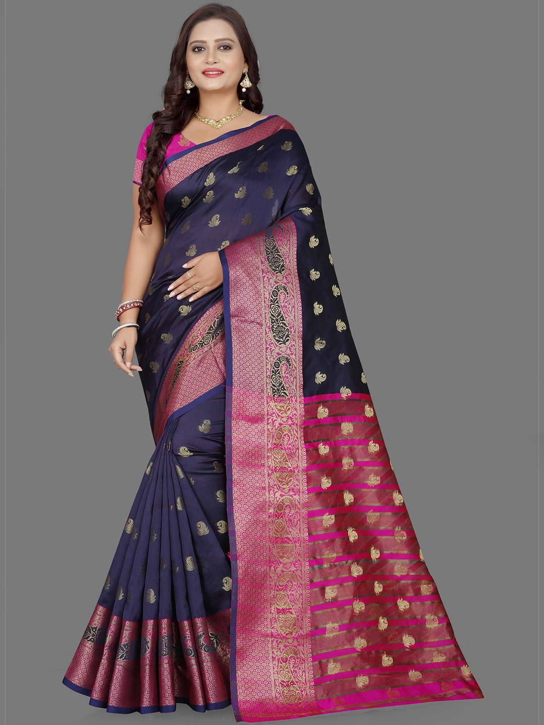 

Indian Fashionista Navy Blue & Pink Woven Design Zari Art Silk Half and Half Banarasi Saree