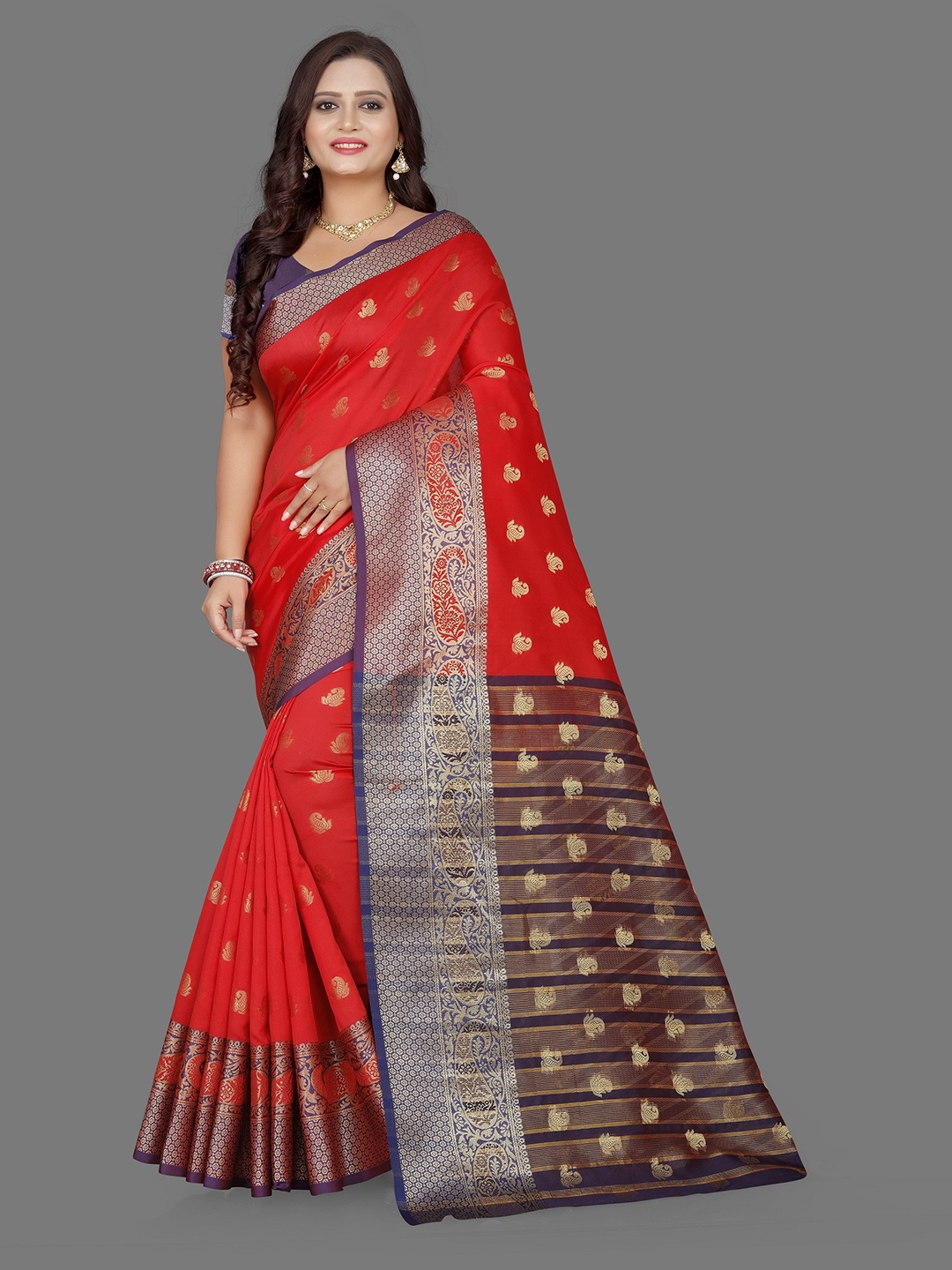 

Indian Fashionista Red & Gold-Toned Woven Design Zari Art Silk Half and Half Banarasi Saree