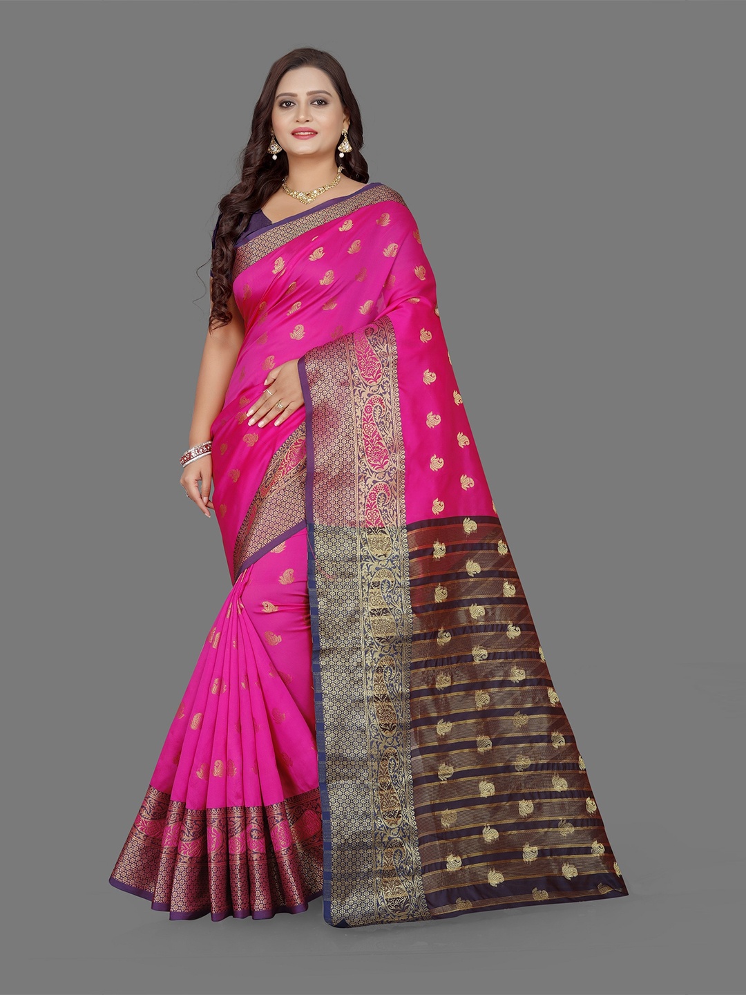 

Indian Fashionista Pink & Gold-Toned Woven Design Zari Art Silk Banarasi Saree