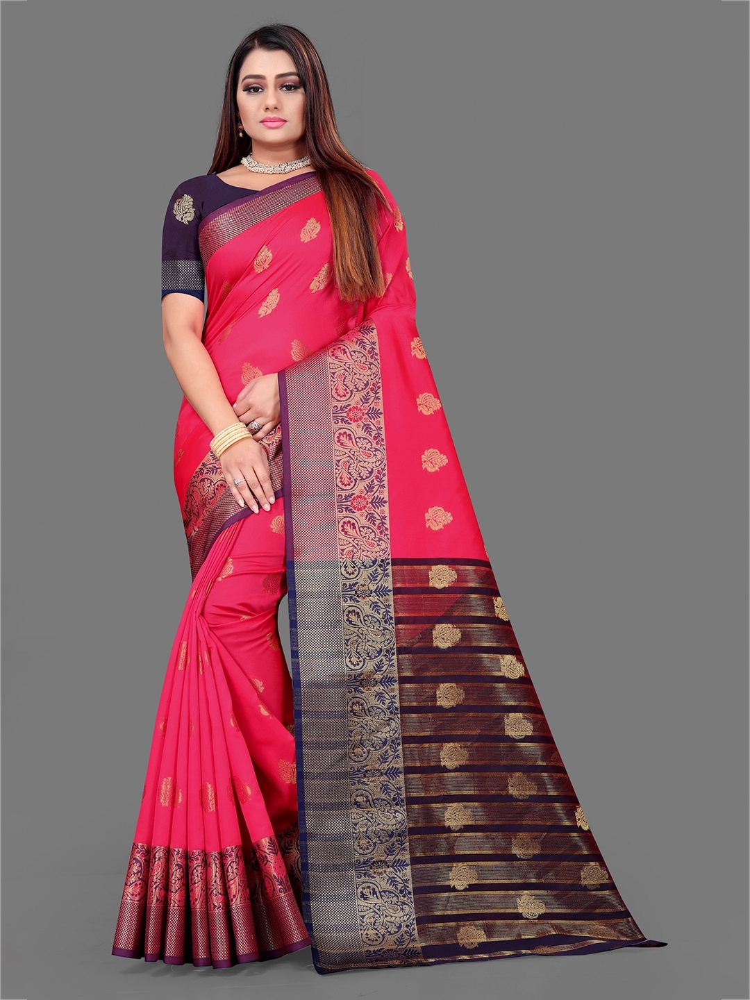 

Indian Fashionista Coral & Navy Blue Woven Design Zari Art Silk Banarasi Saree