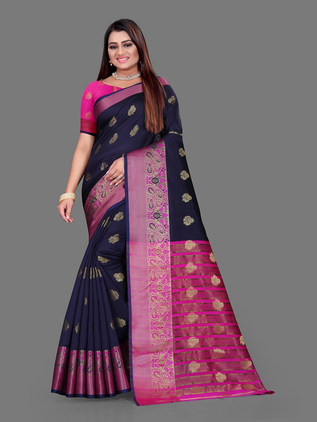 

Indian Fashionista Navy Blue & Pink Woven Design Zari Art Silk Banarasi Saree