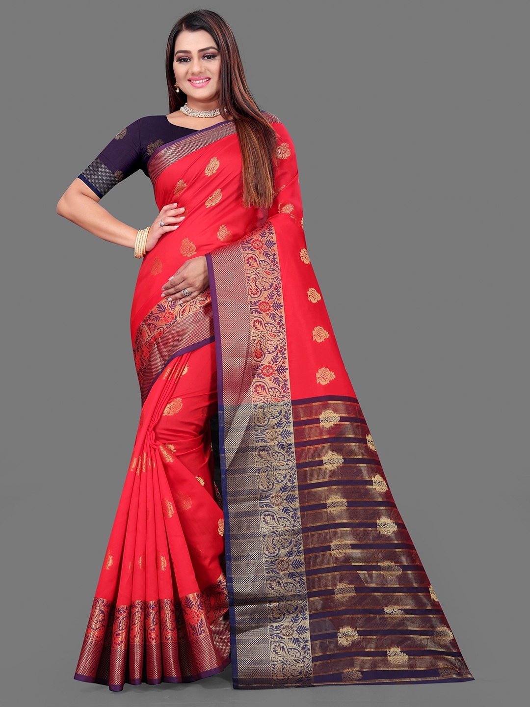 

Indian Fashionista Red & Blue Woven Design Zari Art Silk Half and Half Banarasi Saree