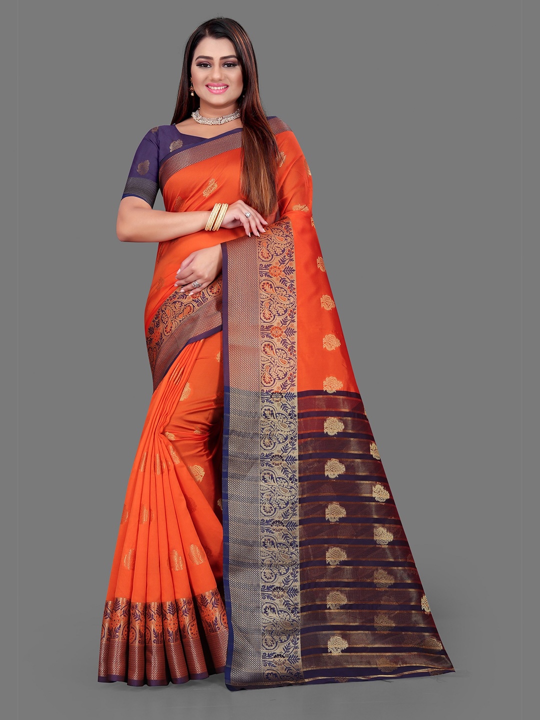 

Indian Fashionista Orange & Navy Blue Woven Design Zari Art Silk Half and Half Banarasi Saree