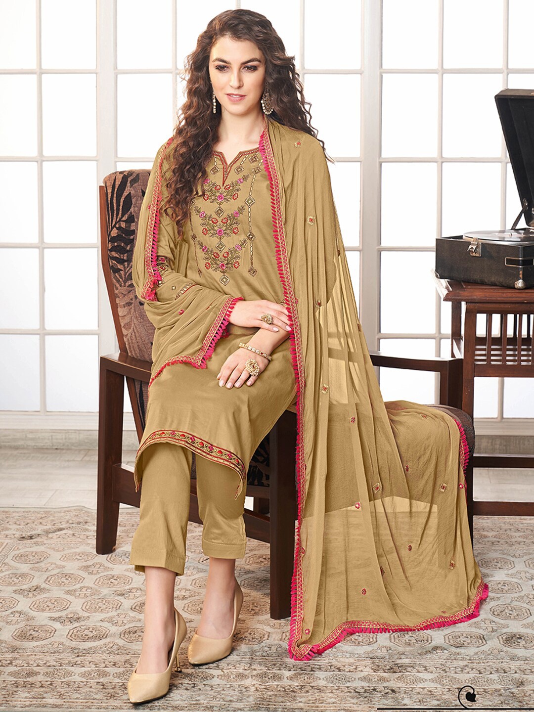 

Shaily Beige & Pink Embroidered Pure Cotton Unstitched Dress Material