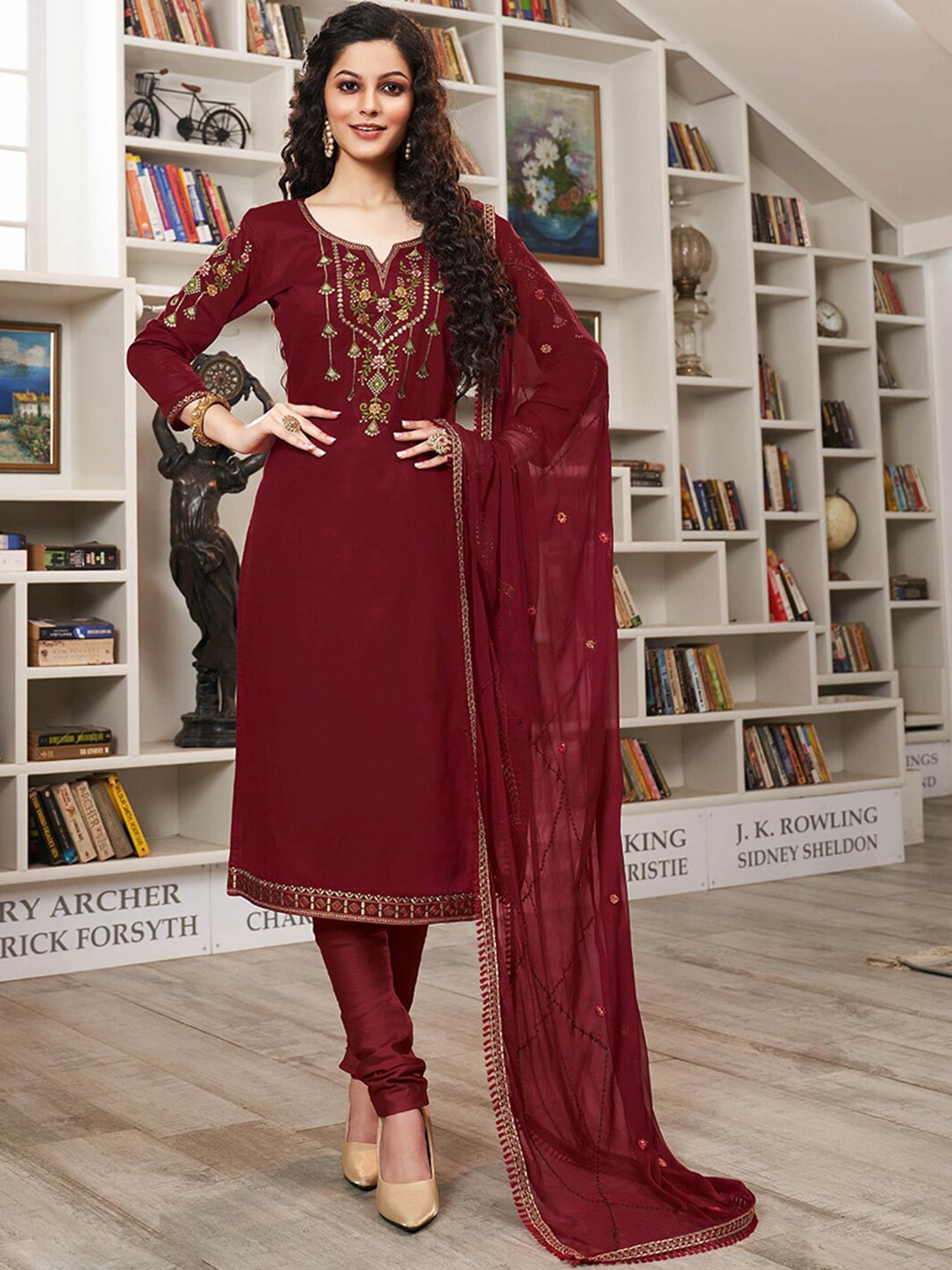

Shaily Maroon Embroidered Pure Cotton Unstitched Dress Material