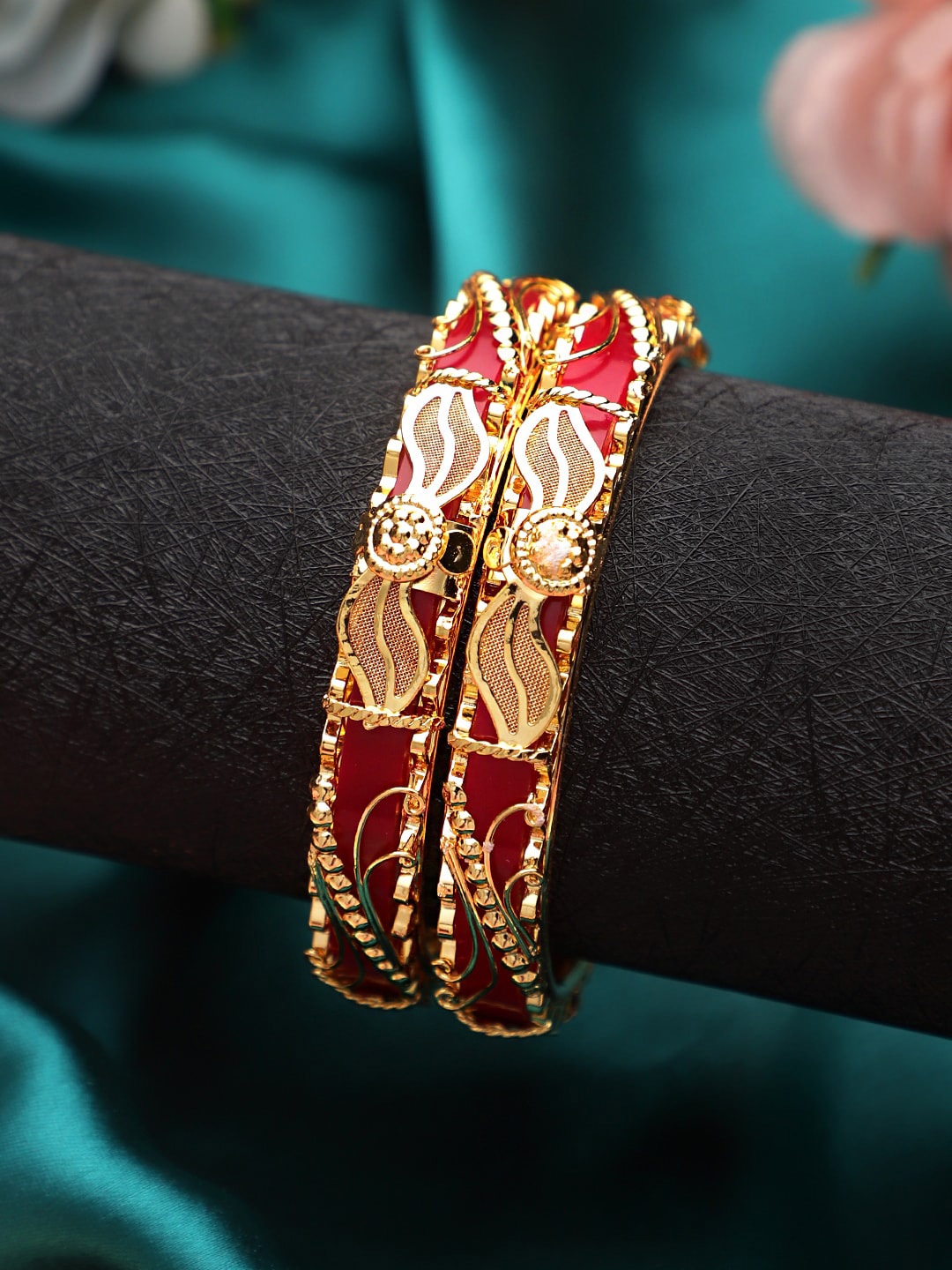 

Mali Fionna Women Set Of 2 Gold-Plated & Red Bangles