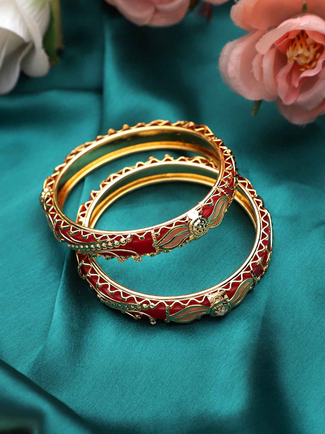 

Mali Fionna Women Set of 2 Gold-Plated & Red Embellished Bangles