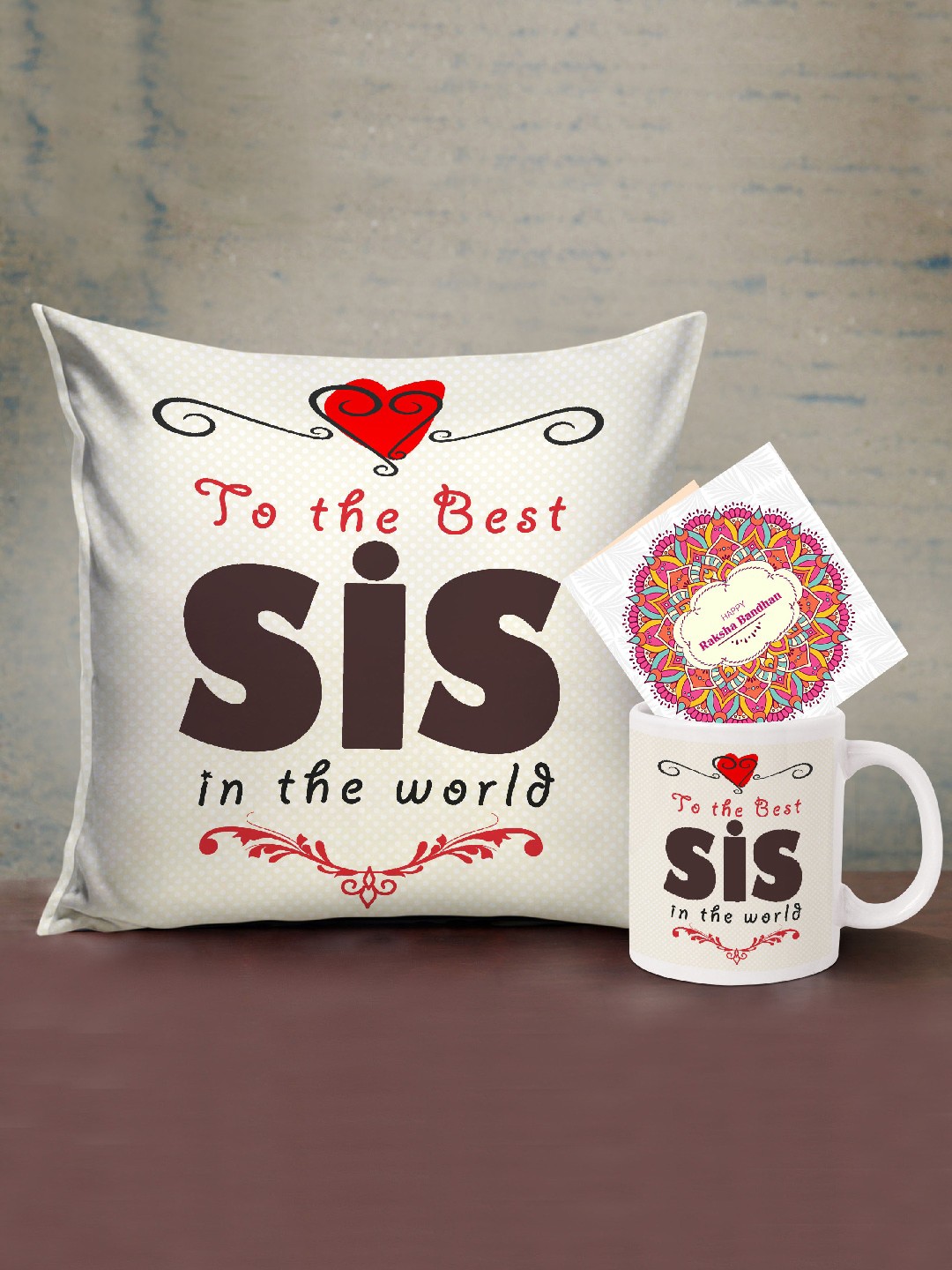

TIED RIBBONS Multicoloured Printed Cushion with Coffee Mug Rakhi Gift Set for Sister, Multi