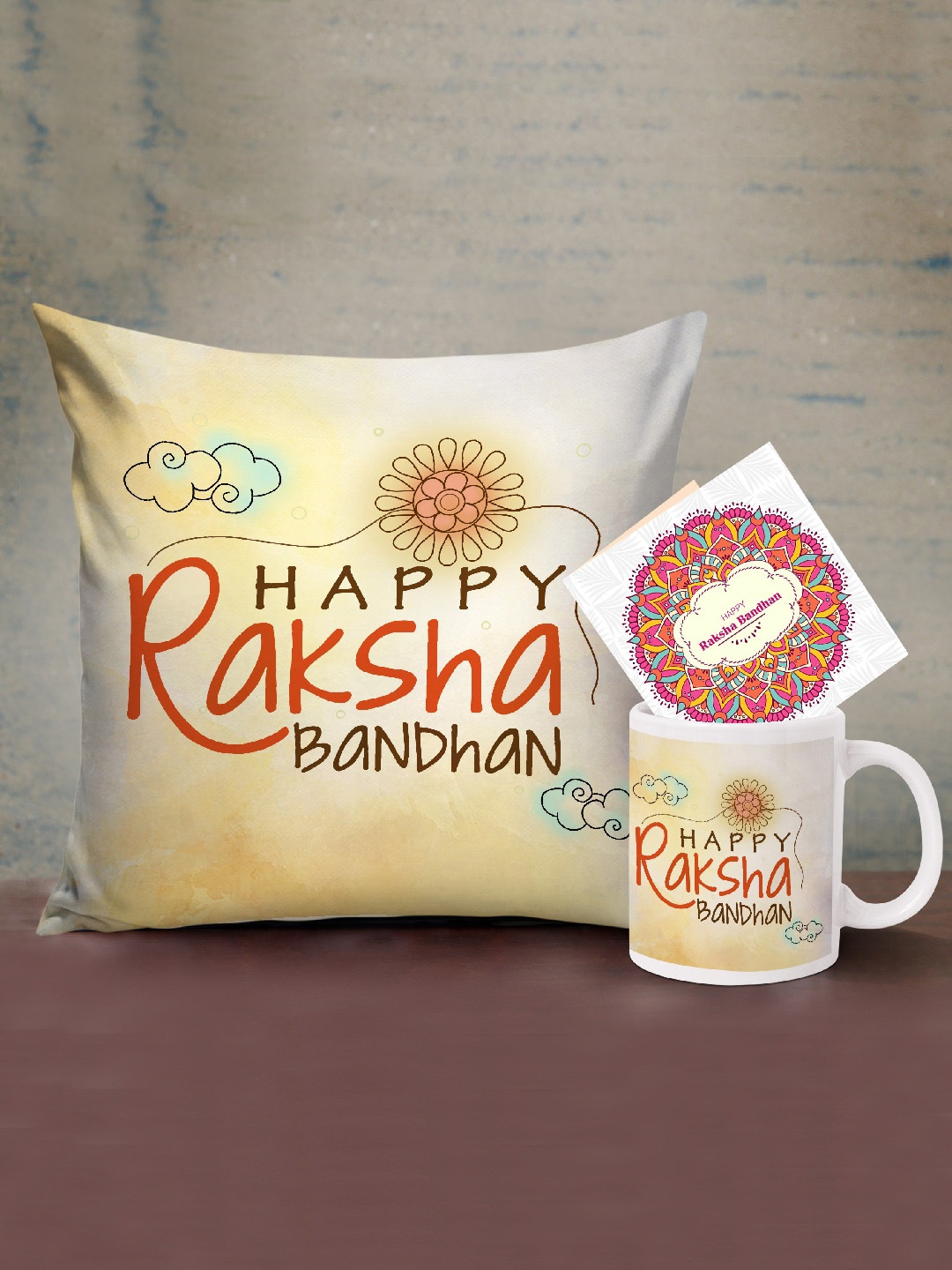 

TIED RIBBONS White & Yellow Printed Cushion with Coffee Mug Rakhi Gift Set