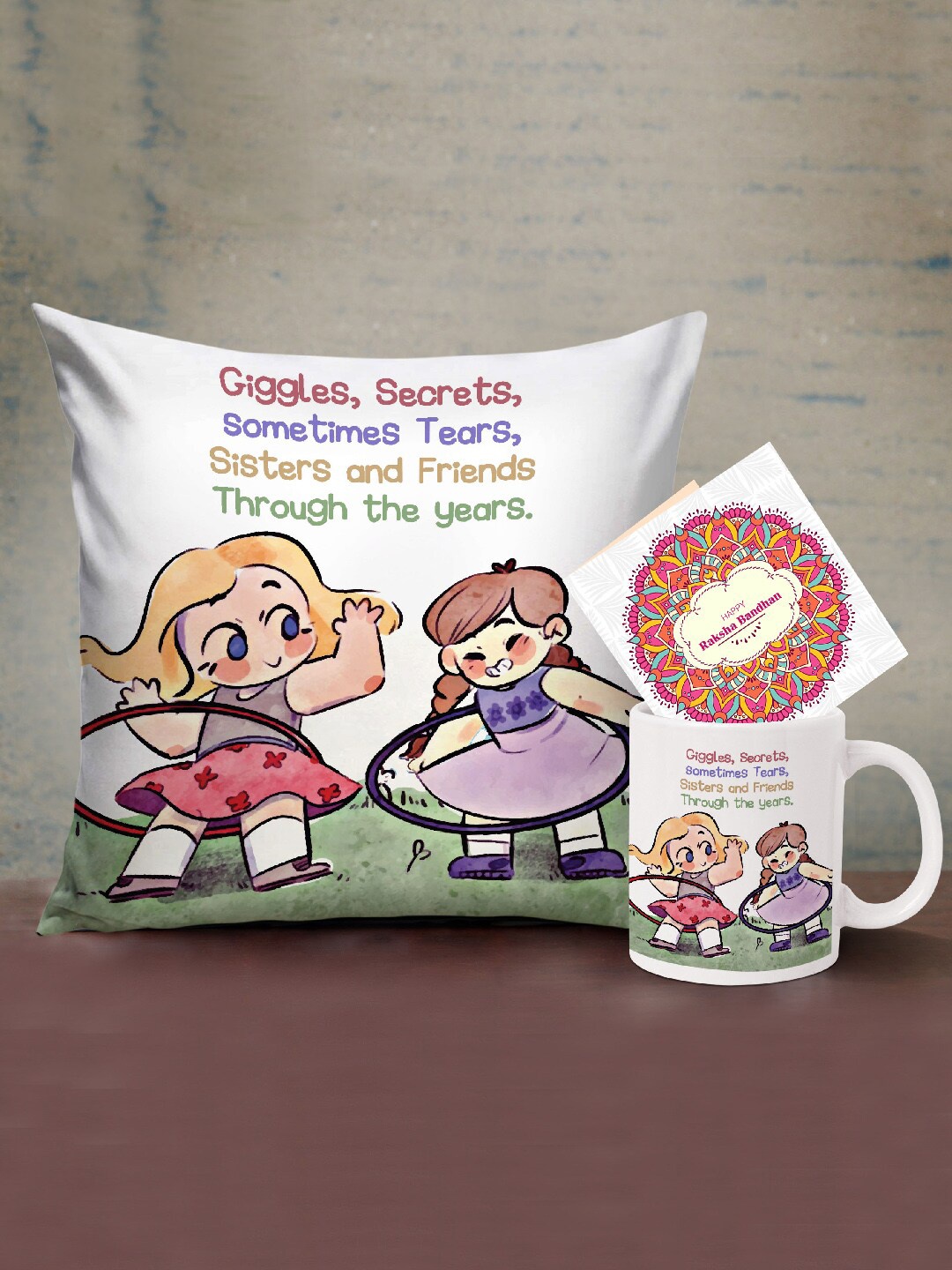 

TIED RIBBONS Printed Cushion with Coffee Mug Rakhi Gift Set, Multi