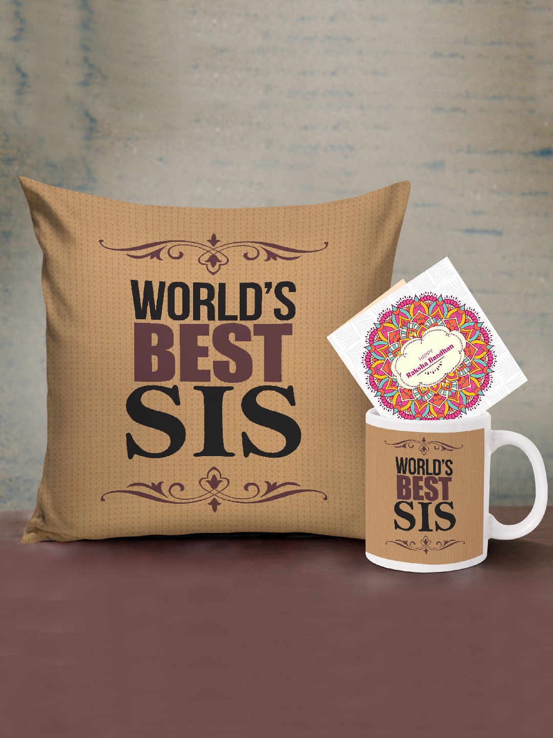 

TIED RIBBONS Brown Printed Cushion with Coffee Mug Rakhi Gift Set combo
