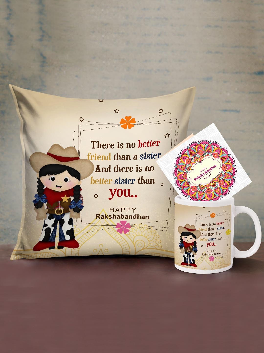 

TIED RIBBONS Multicoloured Printed Cushion with Coffee Mug Rakhi Gift Set combo, Multi