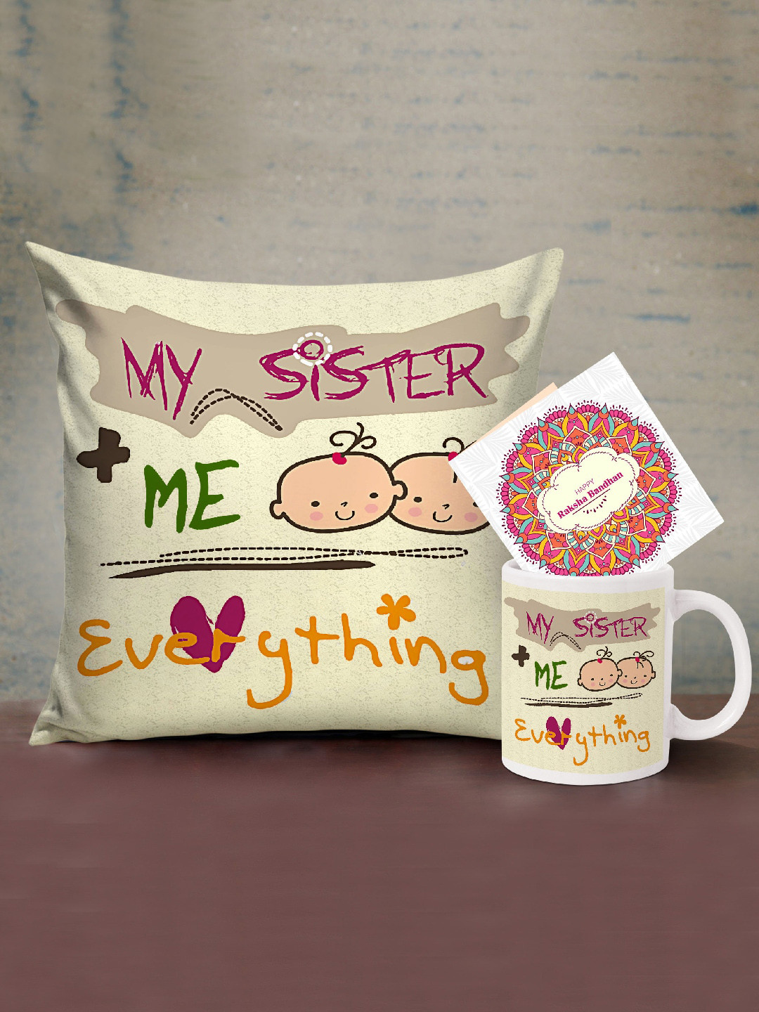 

TIED RIBBONS Yellow & Red Printed Cushion With Coffee Mug Rakhi Set