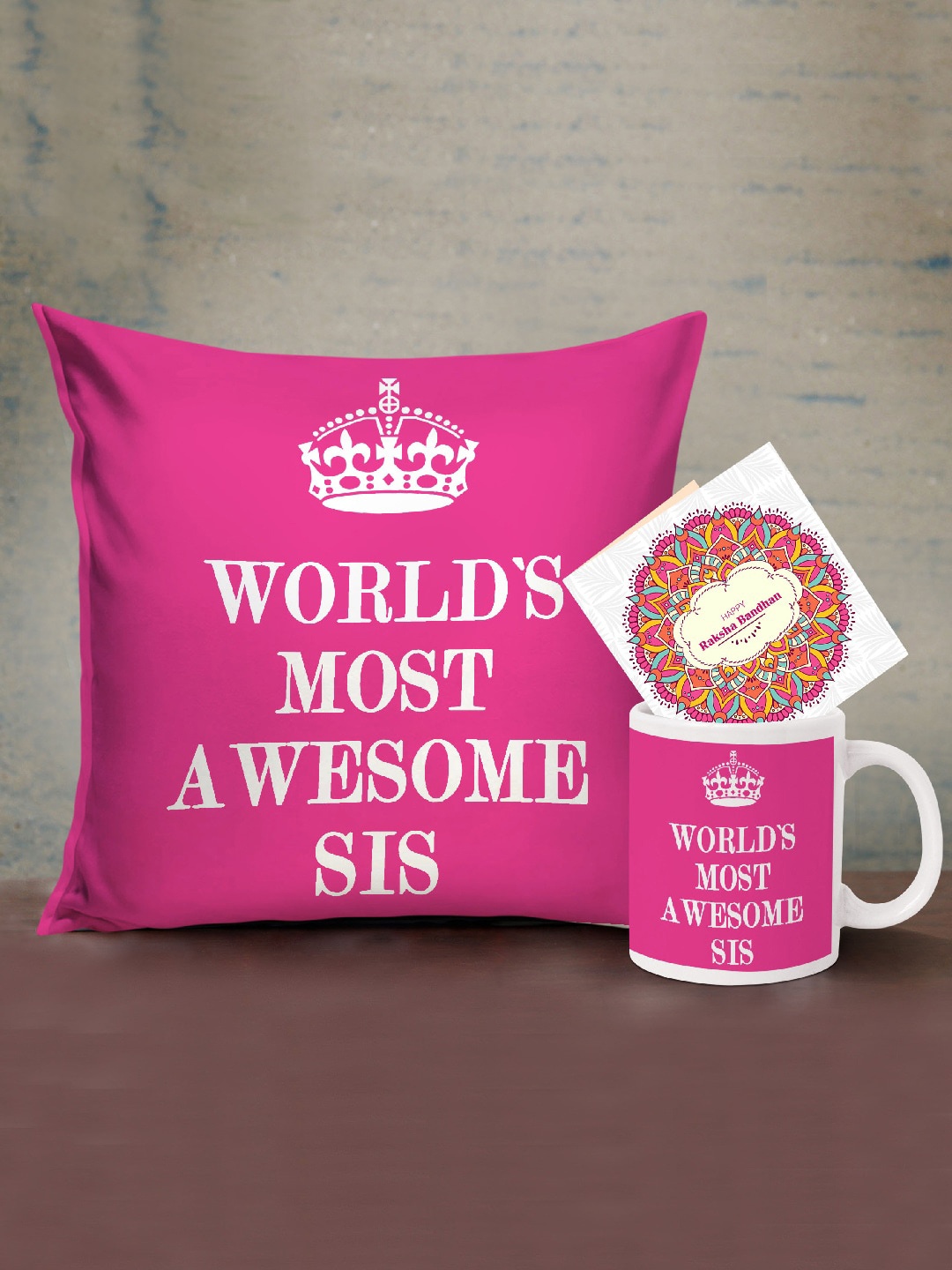 

TIED RIBBONS Pink & White Printed Cushion With Coffee Mug Rakhi Gift Set
