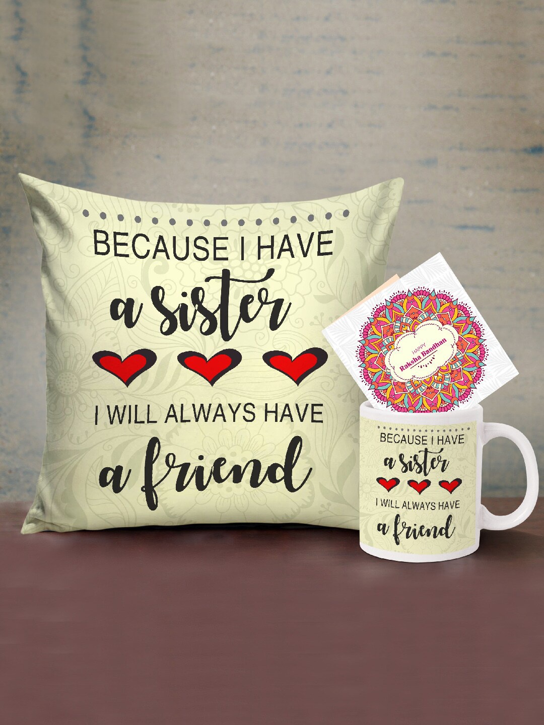 

TIED RIBBONS Cream & Black Printed Cushion with Coffee Mug Rakhi Gift Set for Sister