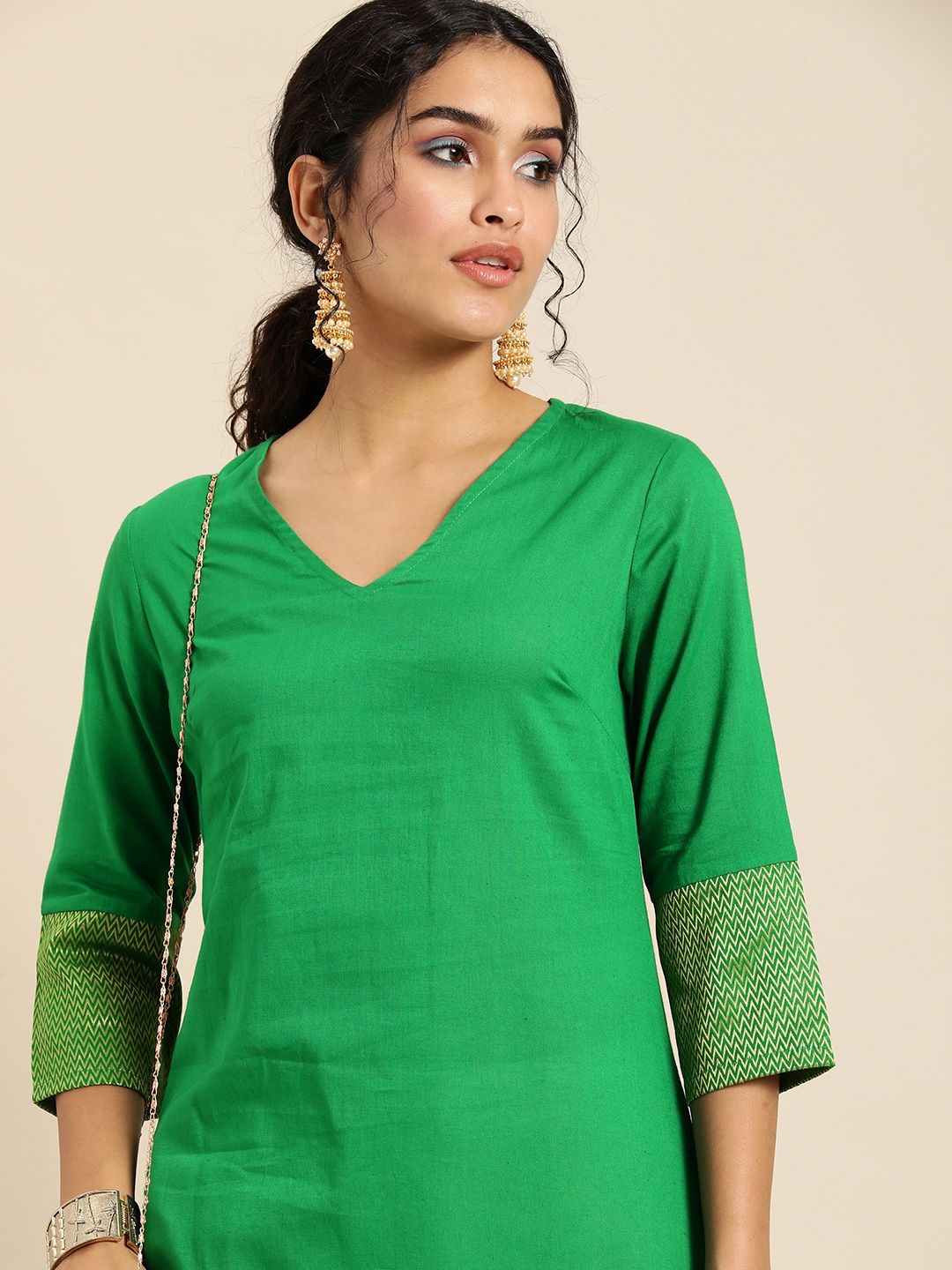 

Sangria Women Green Chevron Woven Design Pure Cotton Kurta