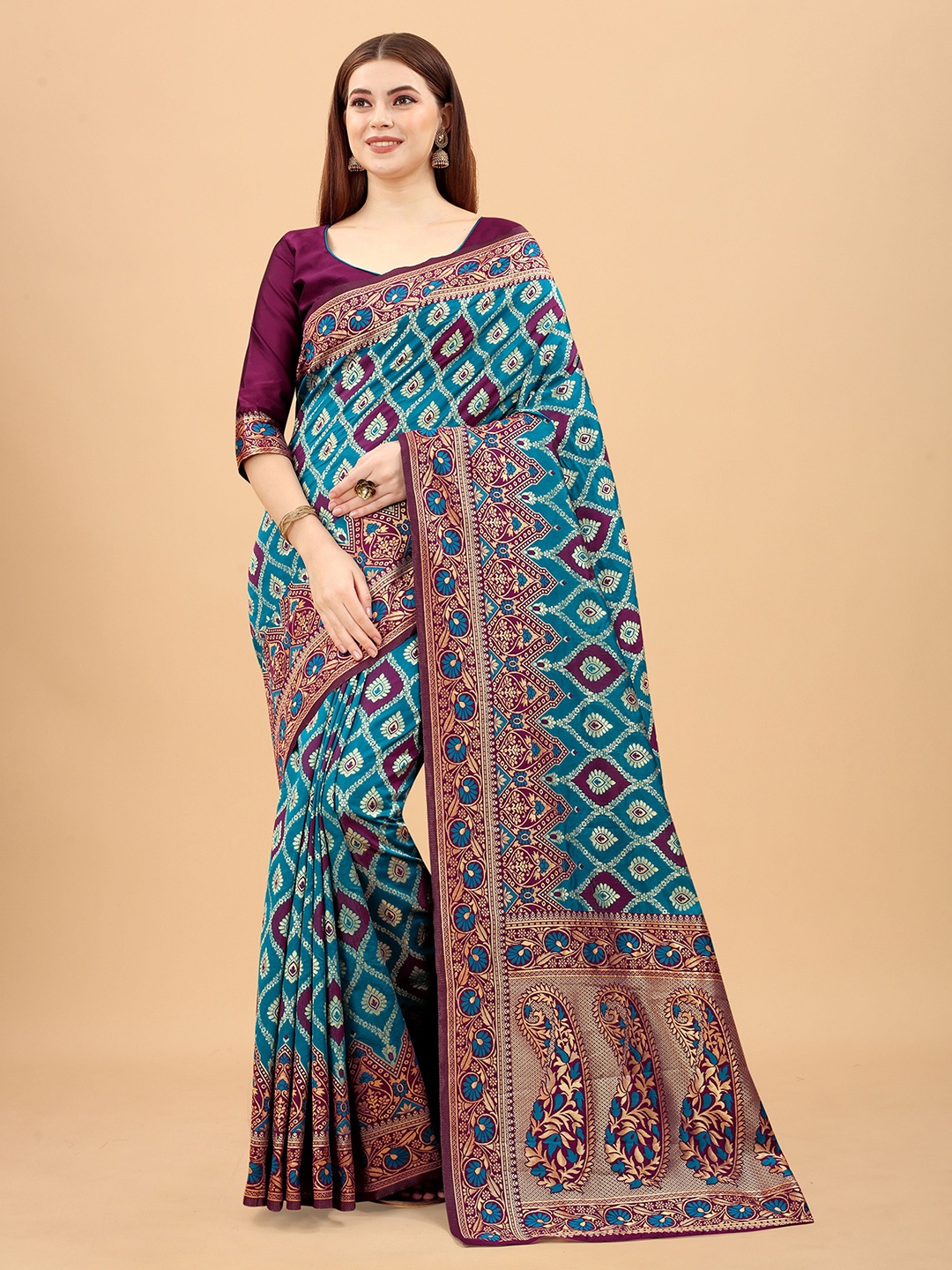 

WELL WORN Blue & Maroon Woven Design Zari Silk Cotton Banarasi Saree
