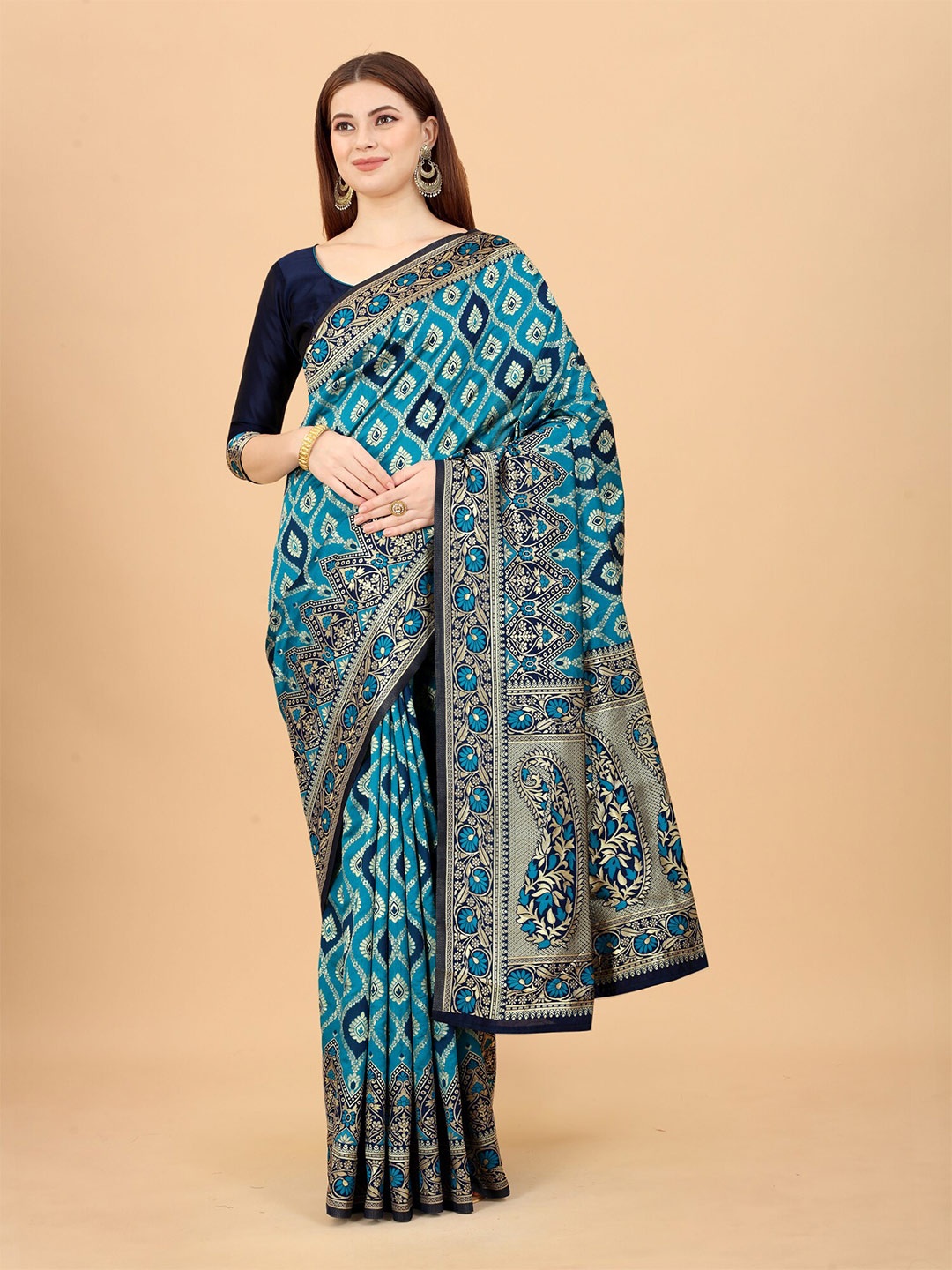 

WELL WORN Blue & Gold-Toned Woven Design Zari Silk Cotton Banarasi Saree