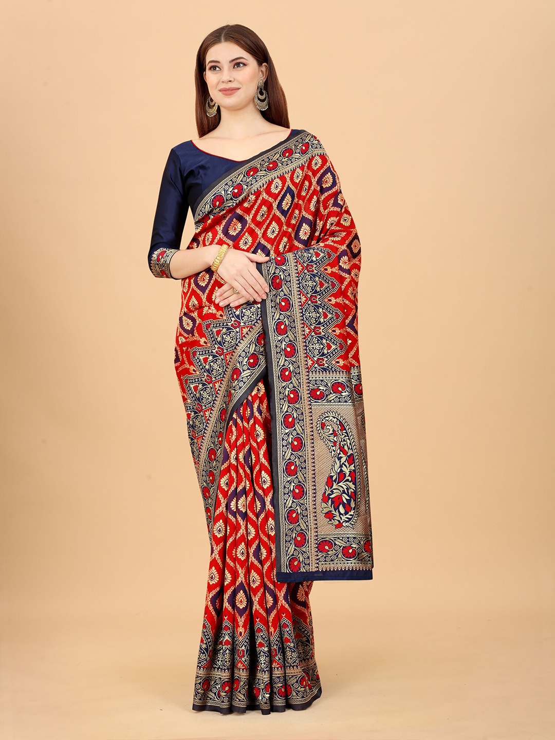 

WELL WORN Red & Blue Woven Design Silk Cotton Banarasi Saree