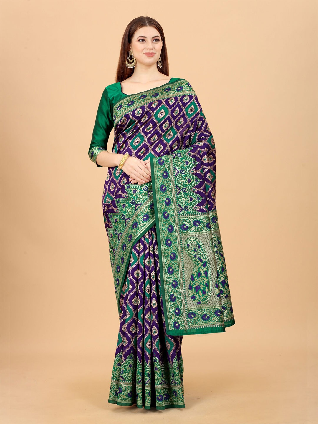 

WELL WORN Purple & Green Woven Design Zari Silk Cotton Banarasi Saree