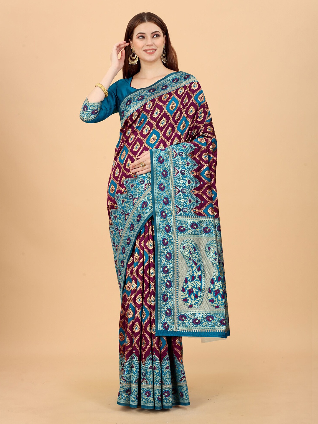 

WELL WORN Blue & Maroon Woven Design Zari Silk Cotton Banarasi Saree