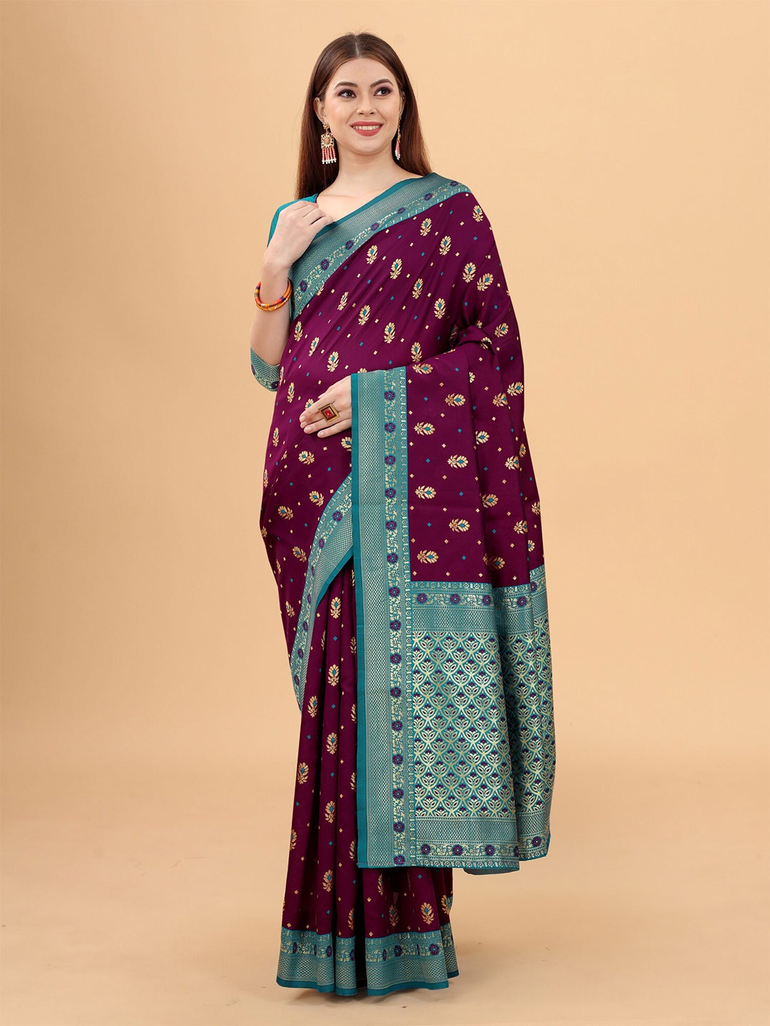 

WELL WORN Blue & Green Woven Design Zari Silk Cotton Banarasi Saree