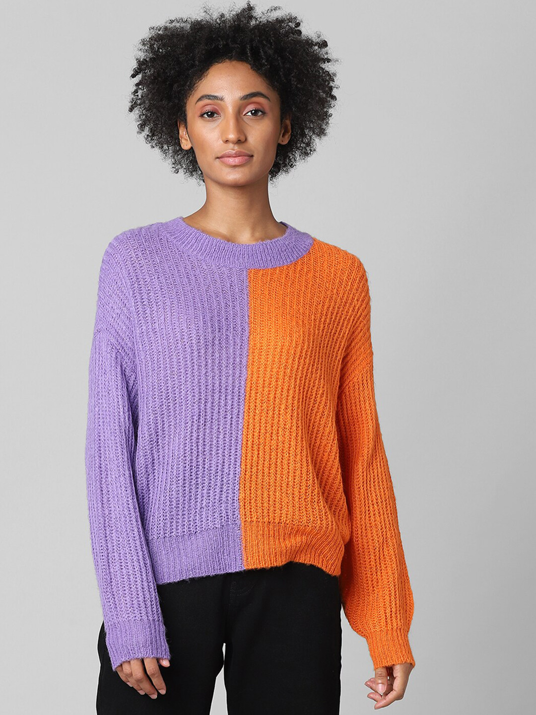 

ONLY Women Purple & Orange Colourblocked Pullover