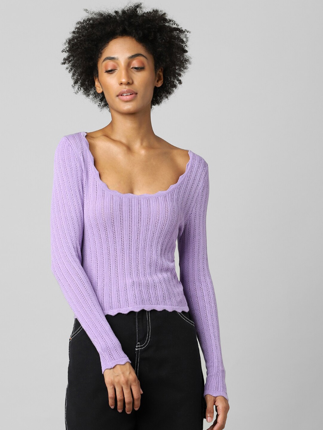 

ONLY Women Purple Striped Ribbed Pullover