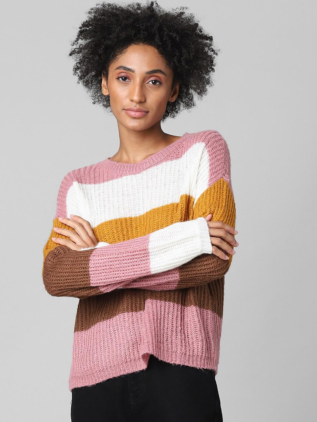 

ONLY Women Pink & Brown Striped Pullover