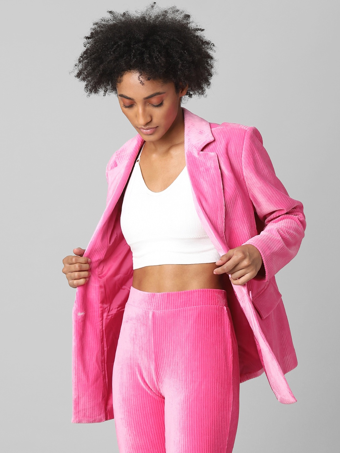 

ONLY Women Pink Striped Notched lapel Collar Oversized Blazer