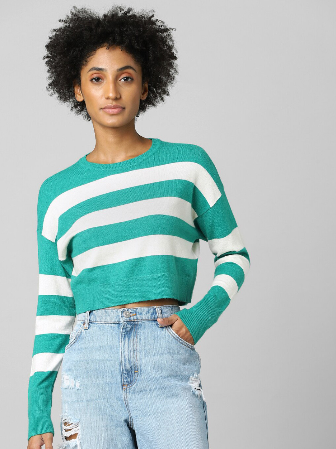 

ONLY Women Green & White Striped Crop Pullover