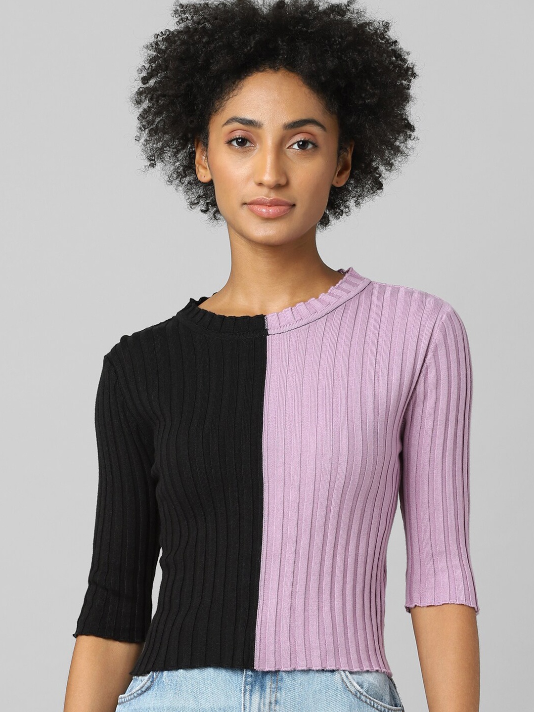 

ONLY Women Black & lavender Colourblocked Pullover