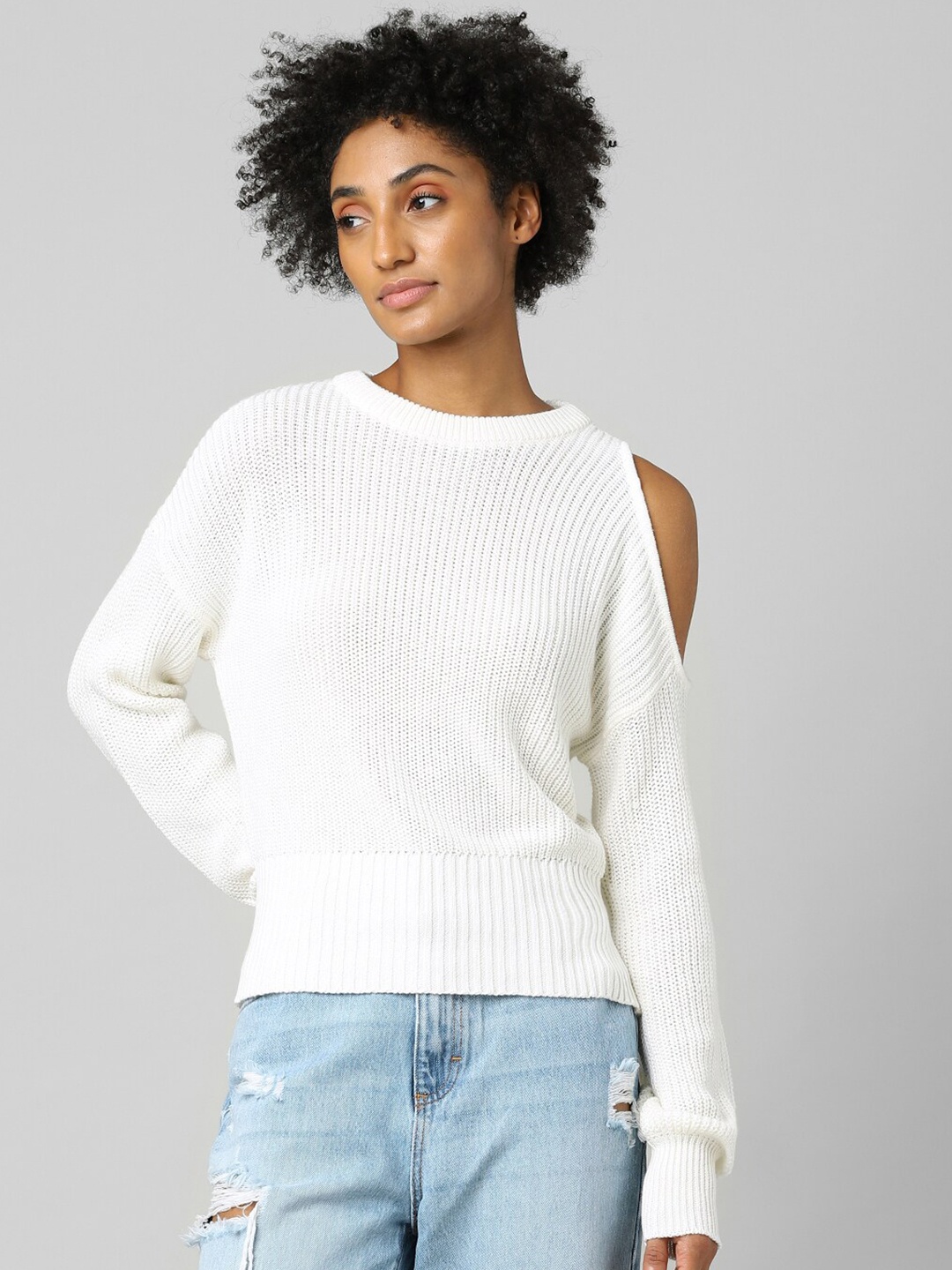 

ONLY Women White Ribbed Pullover