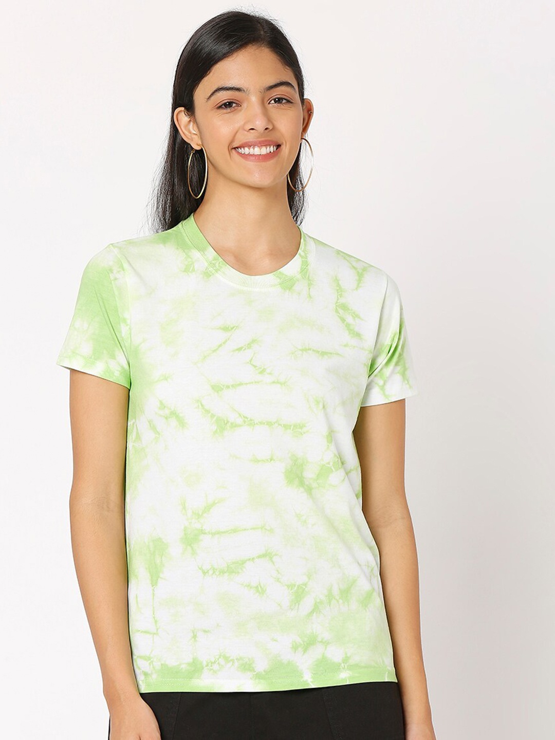 

Smarty Pants Women Lime Green & White Tie and Dye Dyed T-shirt