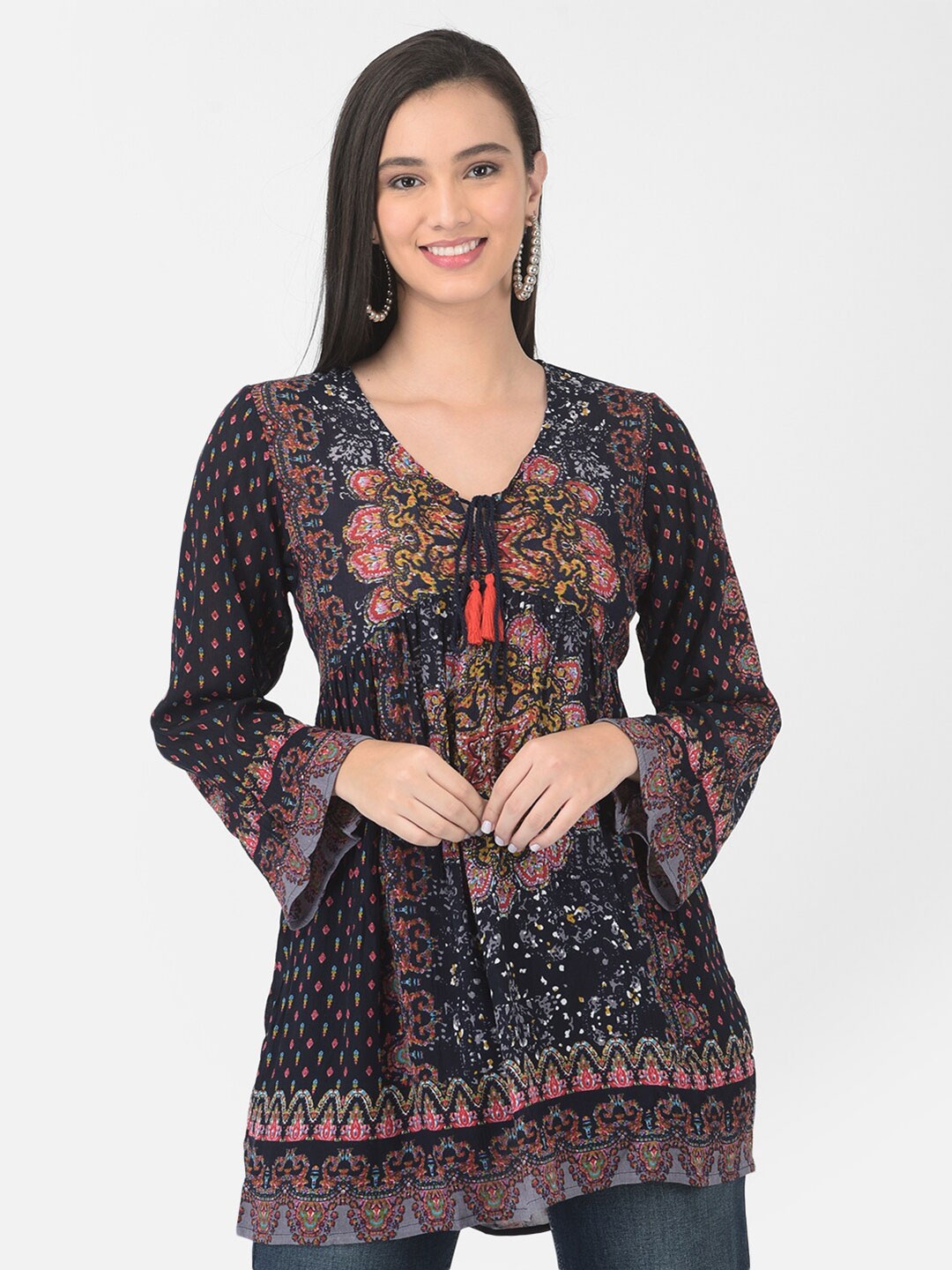 

VELDRESS Navy Blue & raisin black Print Empire Longline Top