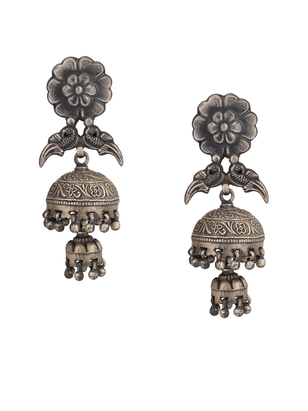 

ahilya Silver-Toned Dome-Shaped Jhumkas