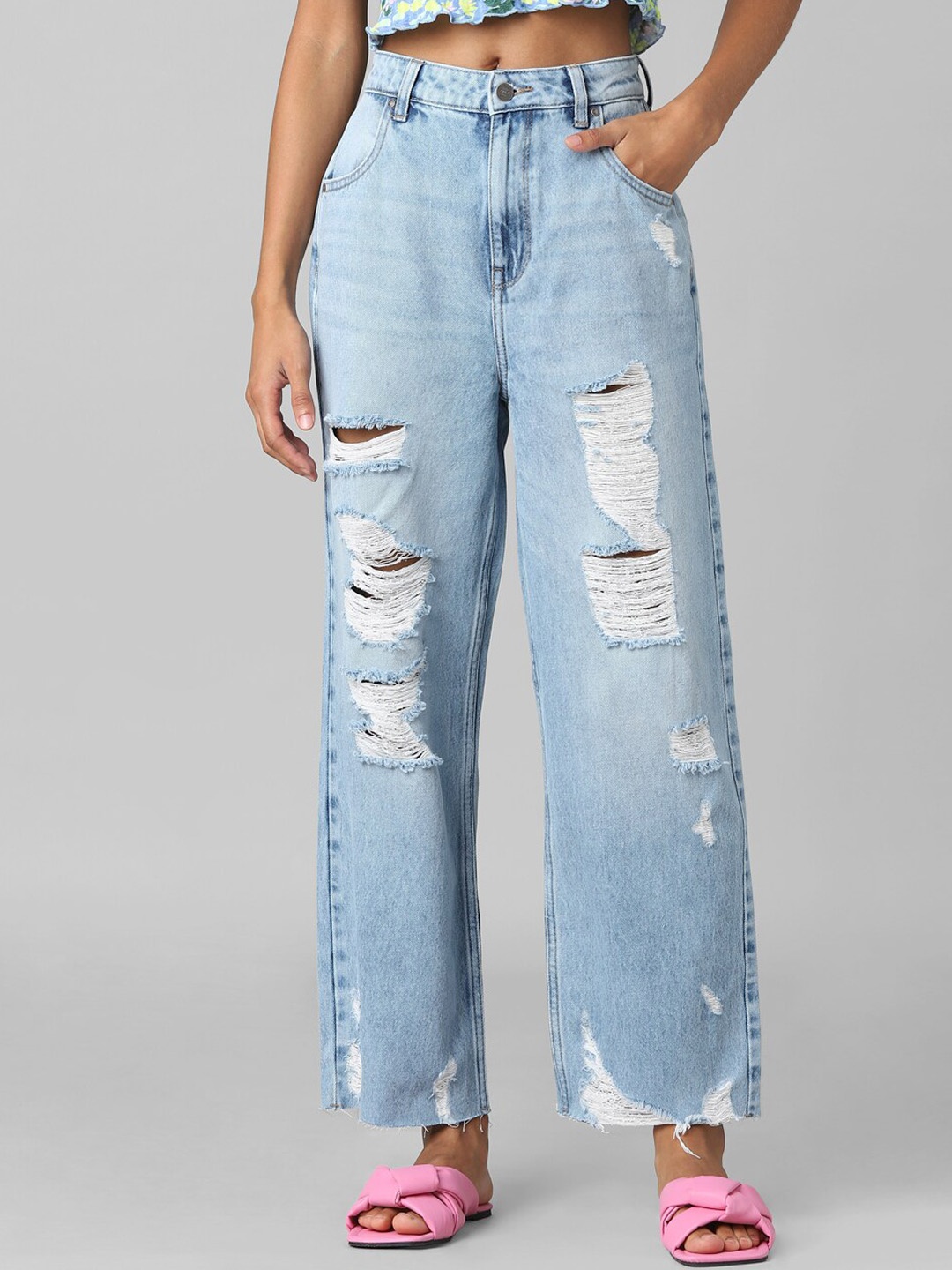

ONLY Women Blue Straight Fit High-Rise Highly Distressed Heavy Fade Jeans