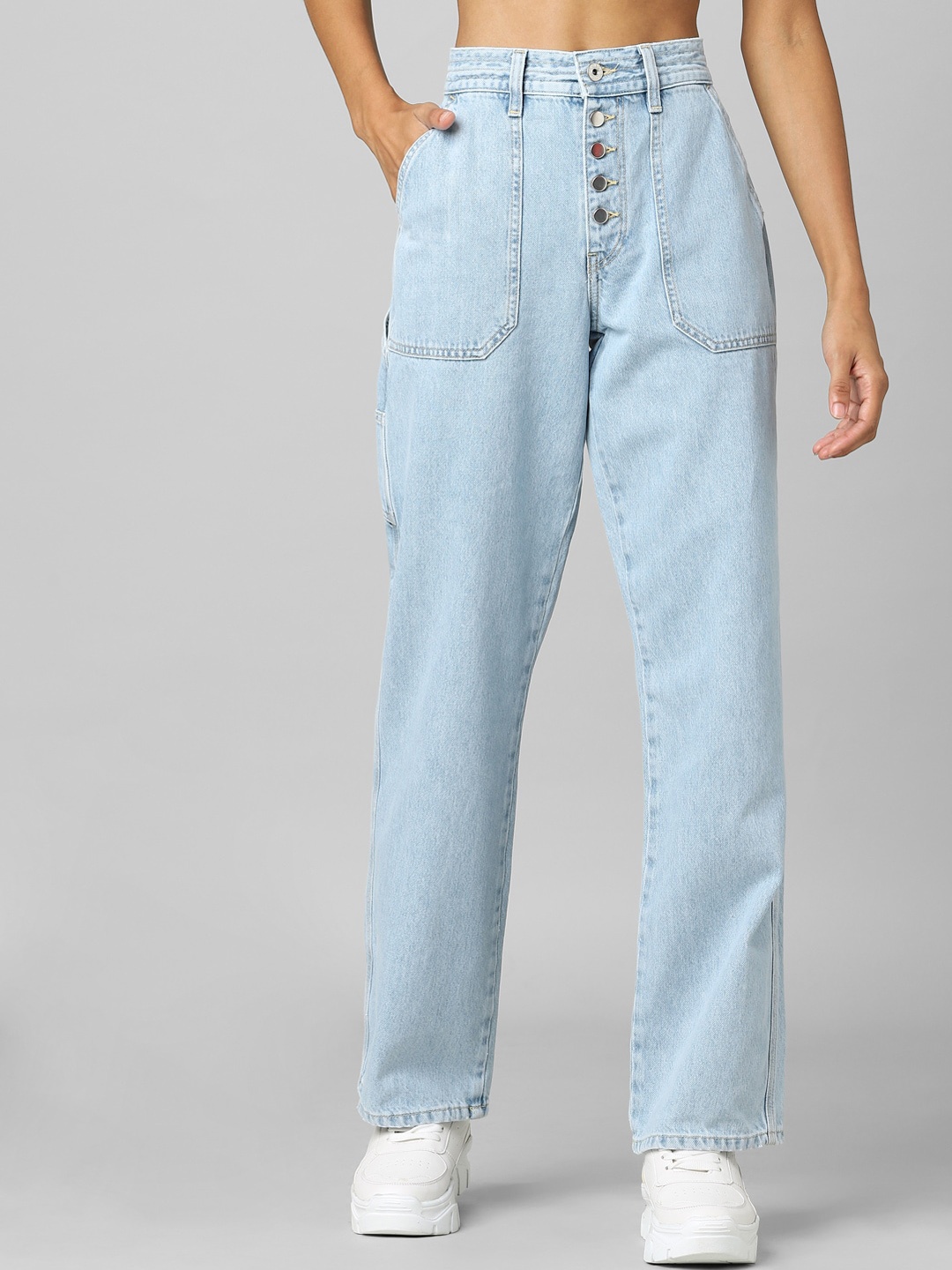

ONLY Women Blue Straight Fit High-Rise Mildly Distressed Jeans