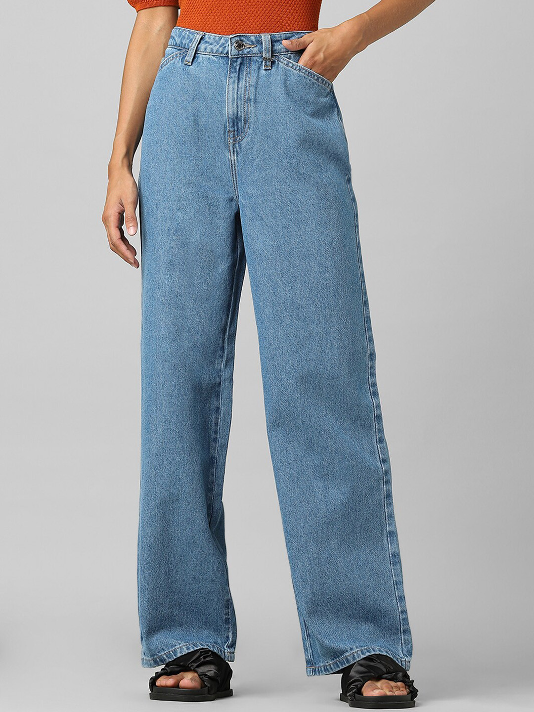 

ONLY Women Blue Straight Fit High-Rise Mildly Distressed Jeans