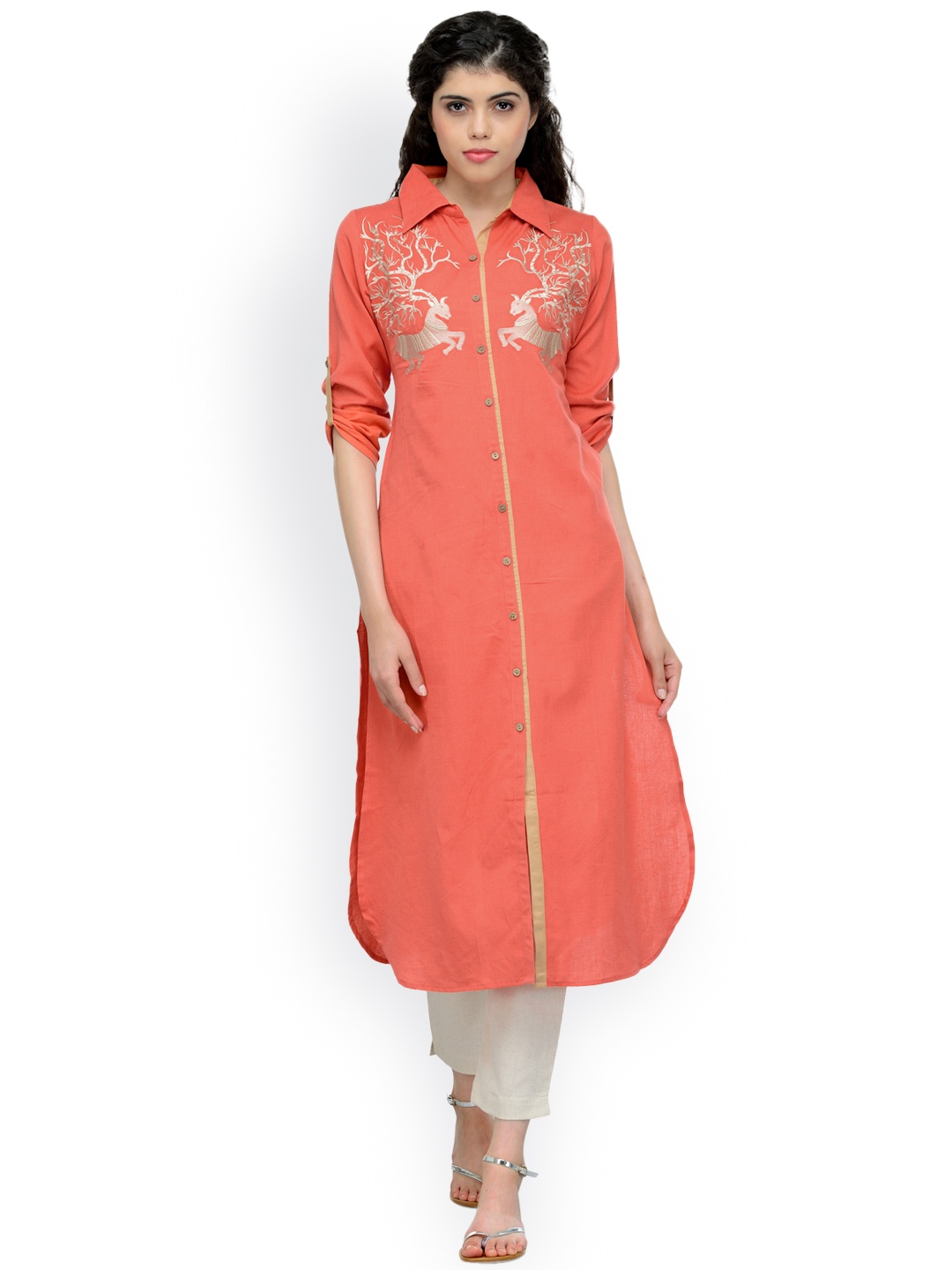 

Bitterlime Women Peach-Coloured Embroidered Straight Kurta