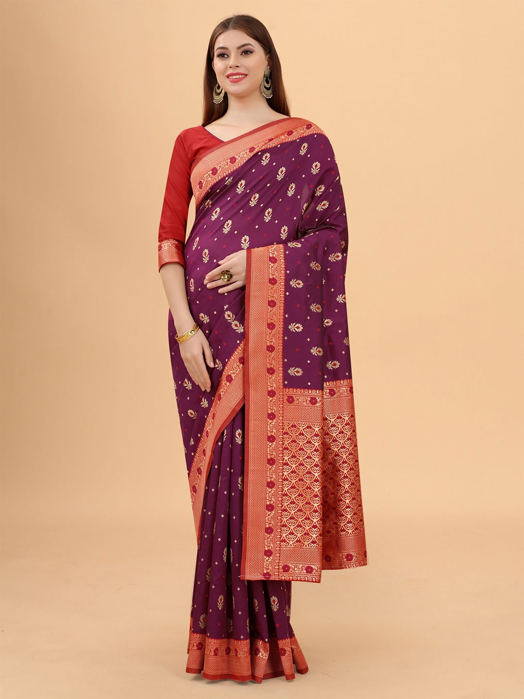 

INDI AVTAAR Purple & Gold-Toned Woven Design Zari Silk Cotton Banarasi Saree