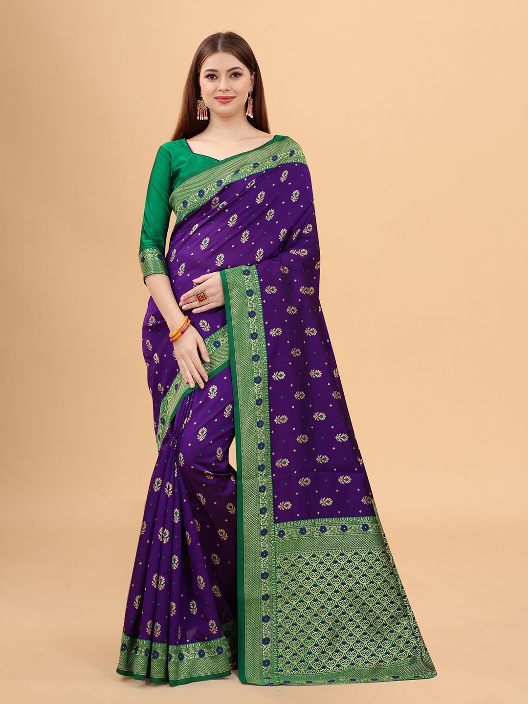 

INDI AVTAAR Purple & Green Woven Design Silk Cotton Banarasi Saree